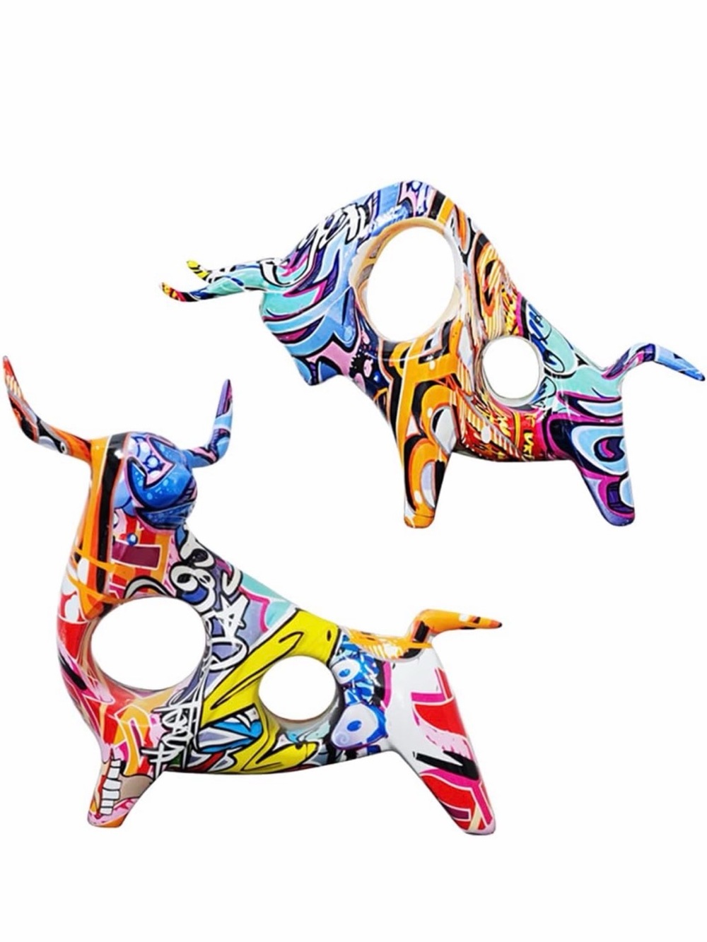 Colorful Graffiti Bull Statue Sculpture Abstract hollow Multicolor Home Art